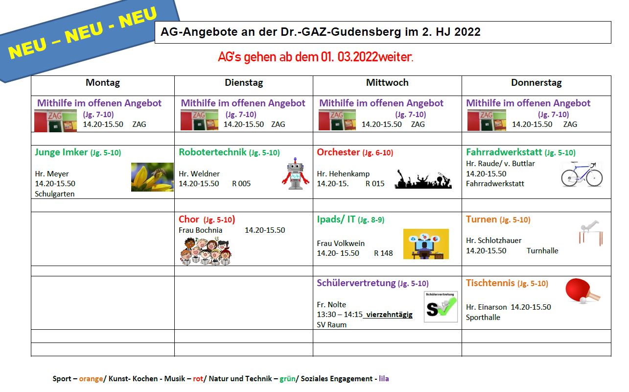 AG-Angebote an der Dr.-GAZ-Gudensberg im 2. HJ 2022